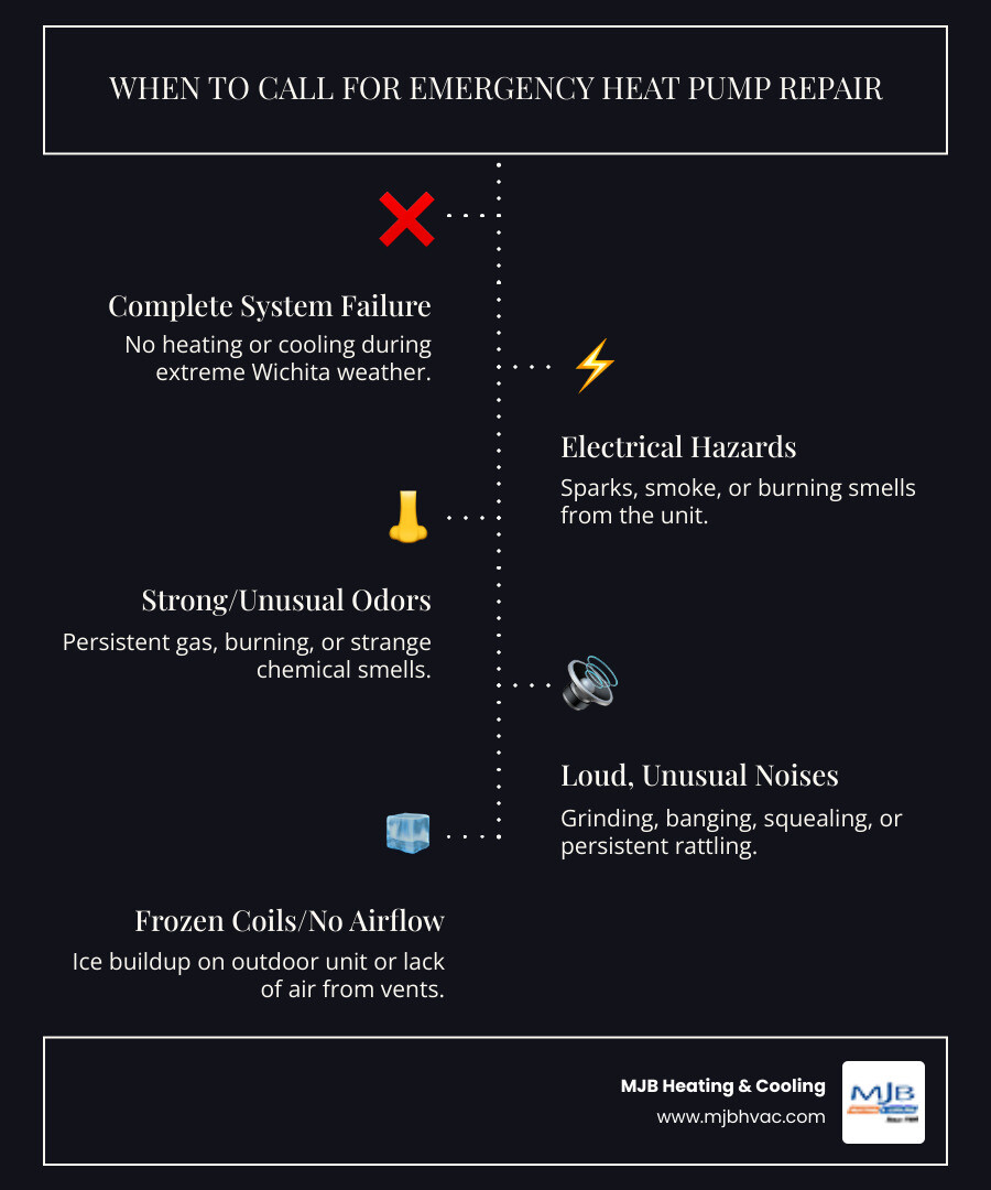 Infographic showing when to call for emergency heat pump repair: complete system failure during extreme weather, electrical issues like sparks or smoke, strong burning or gas odors, loud grinding or banging noises, frozen coils with ice buildup, and no airflow from vents - heat pump repair 24 hour in wichita, ks infographic infographic-line-5-steps-dark