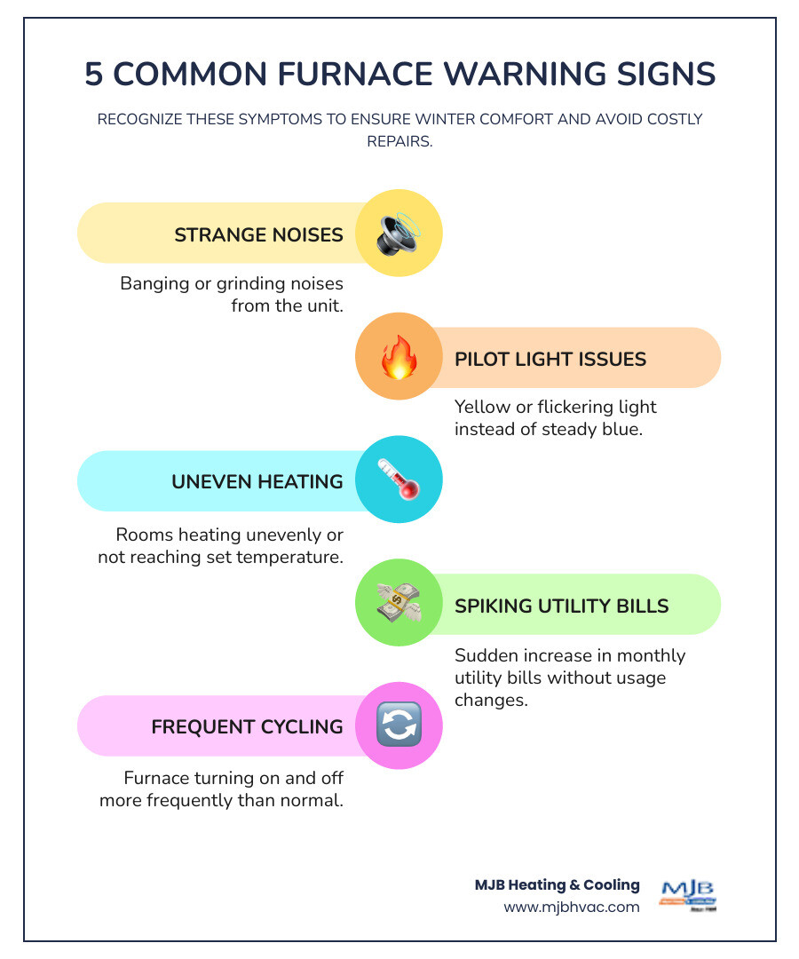 Infographic showing 5 common furnace warning signs: 1) Strange banging or grinding noises from the unit, 2) Yellow or flickering pilot light instead of steady blue flame, 3) Rooms heating unevenly or not reaching set temperature, 4) Sudden spike in monthly utility bills without usage changes, 5) Furnace cycling on and off more frequently than normal - furnace repair affordable in andover, ks infographic infographic-line-5-steps-colors