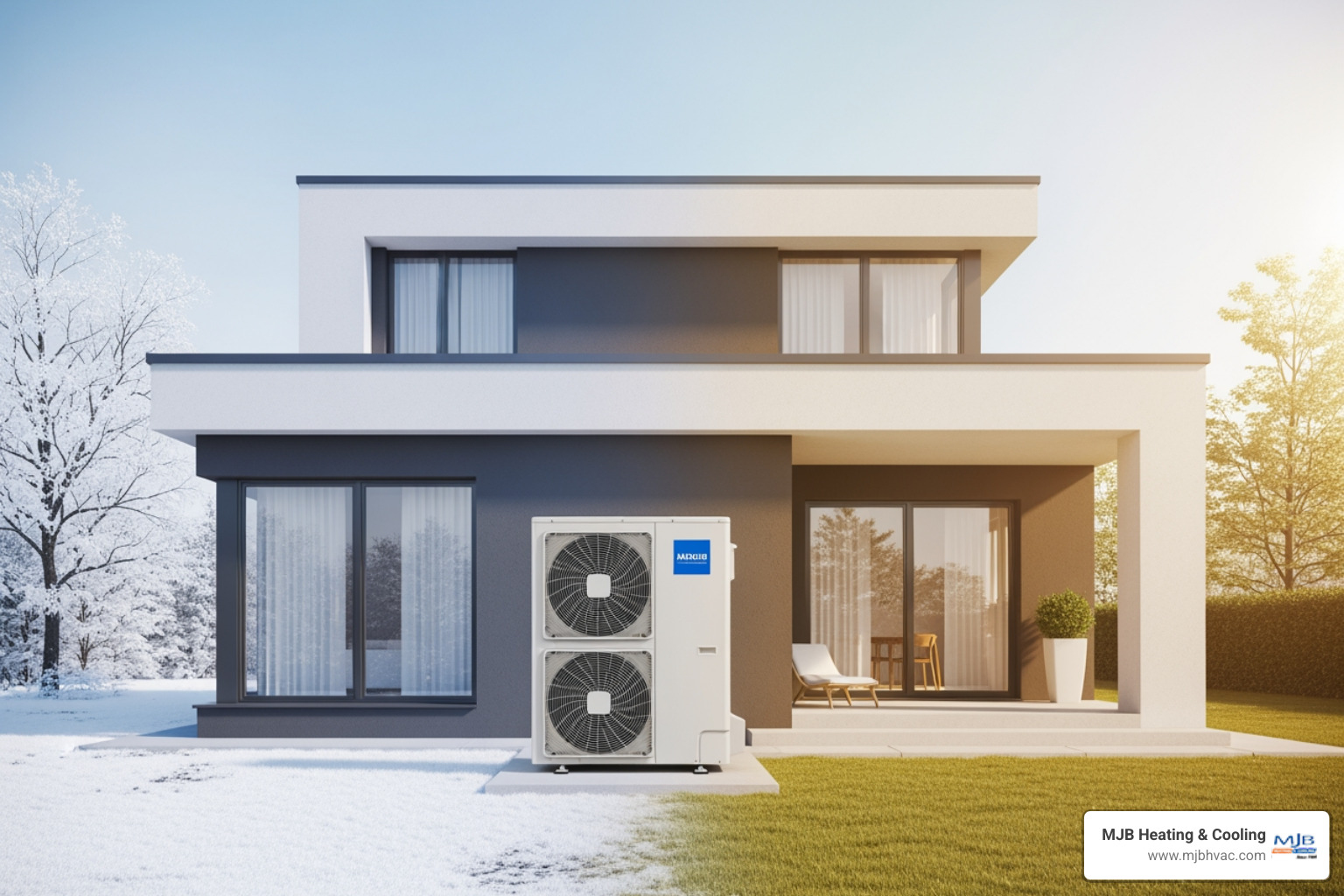 Infographic showing a heat pump's dual function: in winter, it extracts heat from outdoor air and transfers it inside; in summer, it reverses the process to remove heat from indoor air and release it outside, with arrows indicating heat flow direction and seasonal operation modes - heat pump repair affordable in wichita, ks