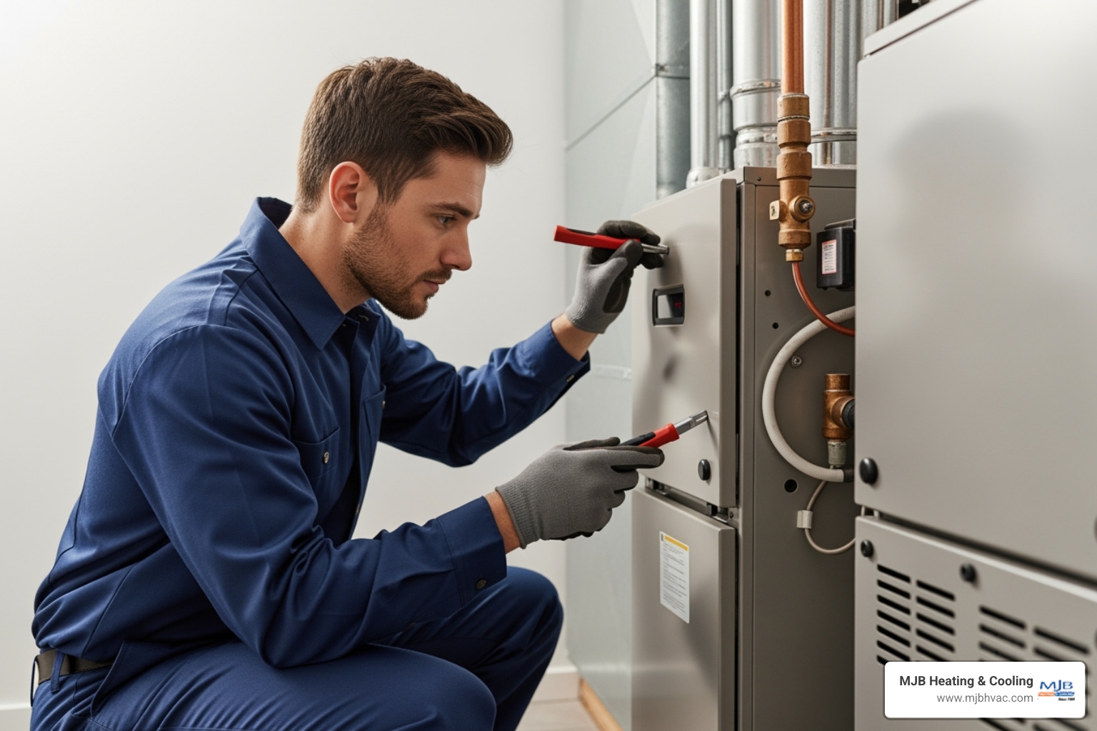 Infographic explaining the 4 key benefits of professional furnace service: Safety (carbon monoxide testing and gas leak detection), Efficiency (55% of home energy goes to heating and cooling, proper maintenance reduces waste), Longevity (regular tune-ups extend equipment life and prevent premature failure), and Comfort (consistent temperatures and reliable performance through Andover winters) - furnace repair best in andover, ks