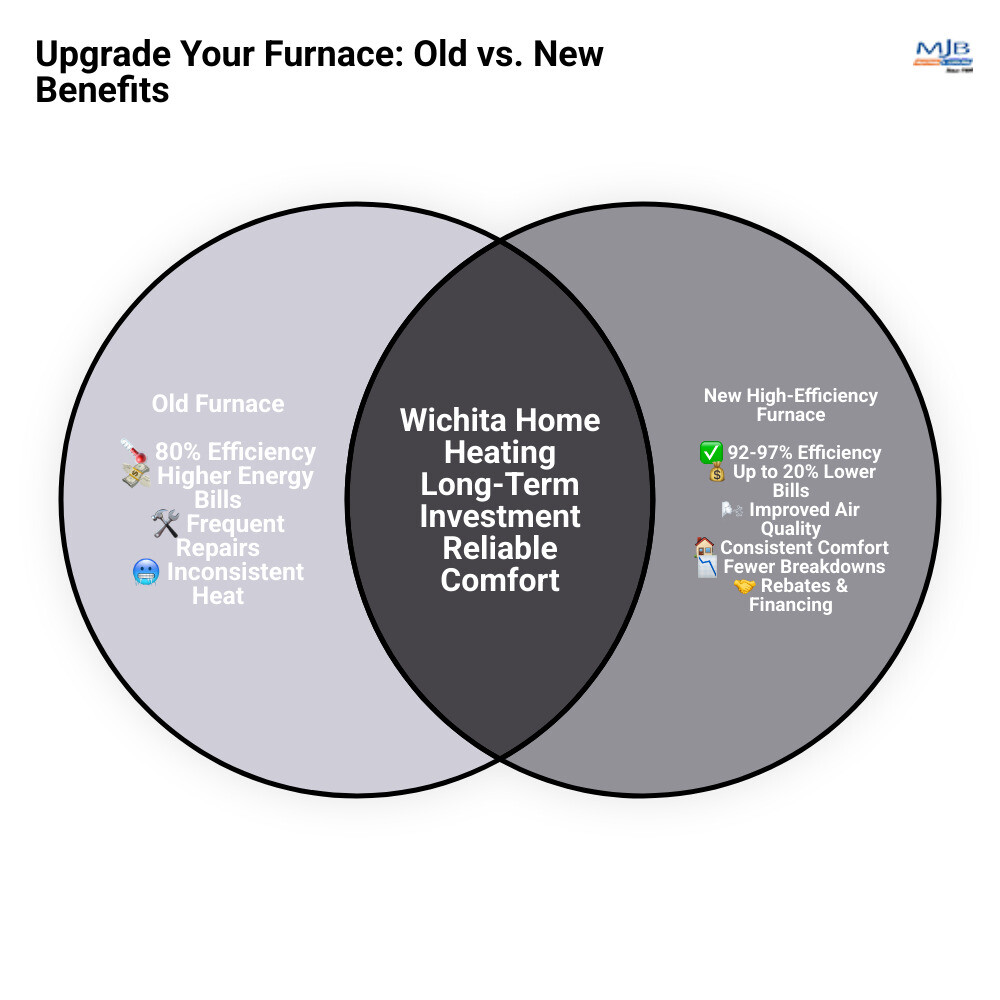Infographic showing the financial benefits of upgrading to a high-efficiency furnace: comparison of old furnace (80% efficiency, higher monthly bills, frequent repairs) versus new furnace (92-97% efficiency, 20% lower heating costs, improved air quality, consistent comfort, fewer breakdowns), plus available rebates and financing options - furnace installation affordable in wichita, ks infographic venn_diagram Infographic showing the financial benefits of upgrading to a high-efficiency furnace: comparison of old furnace (80% efficiency, higher monthly bills, frequent repairs) versus new furnace (92-97% efficiency, 20% lower heating costs, improved air quality, consistent comfort, fewer breakdowns), plus available rebates and financing options - furnace installation affordable in wichita, ks infographic venn_diagram