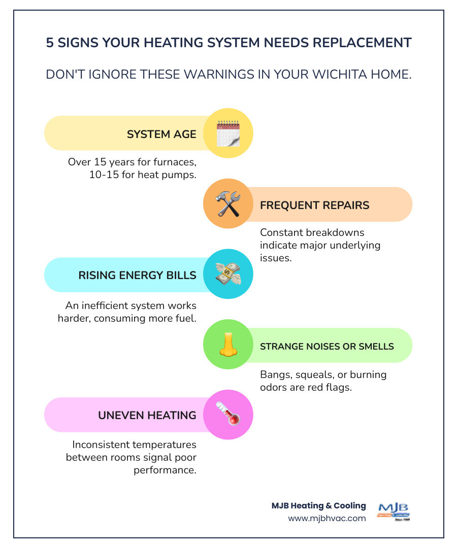Infographic showing five key signs your heating system needs replacement: system age over 15 years, frequent repair calls, rising monthly energy bills, strange noises or smells from the unit, and uneven temperatures between rooms - heating installation in wichita, ks infographic infographic-line-5-steps-colors