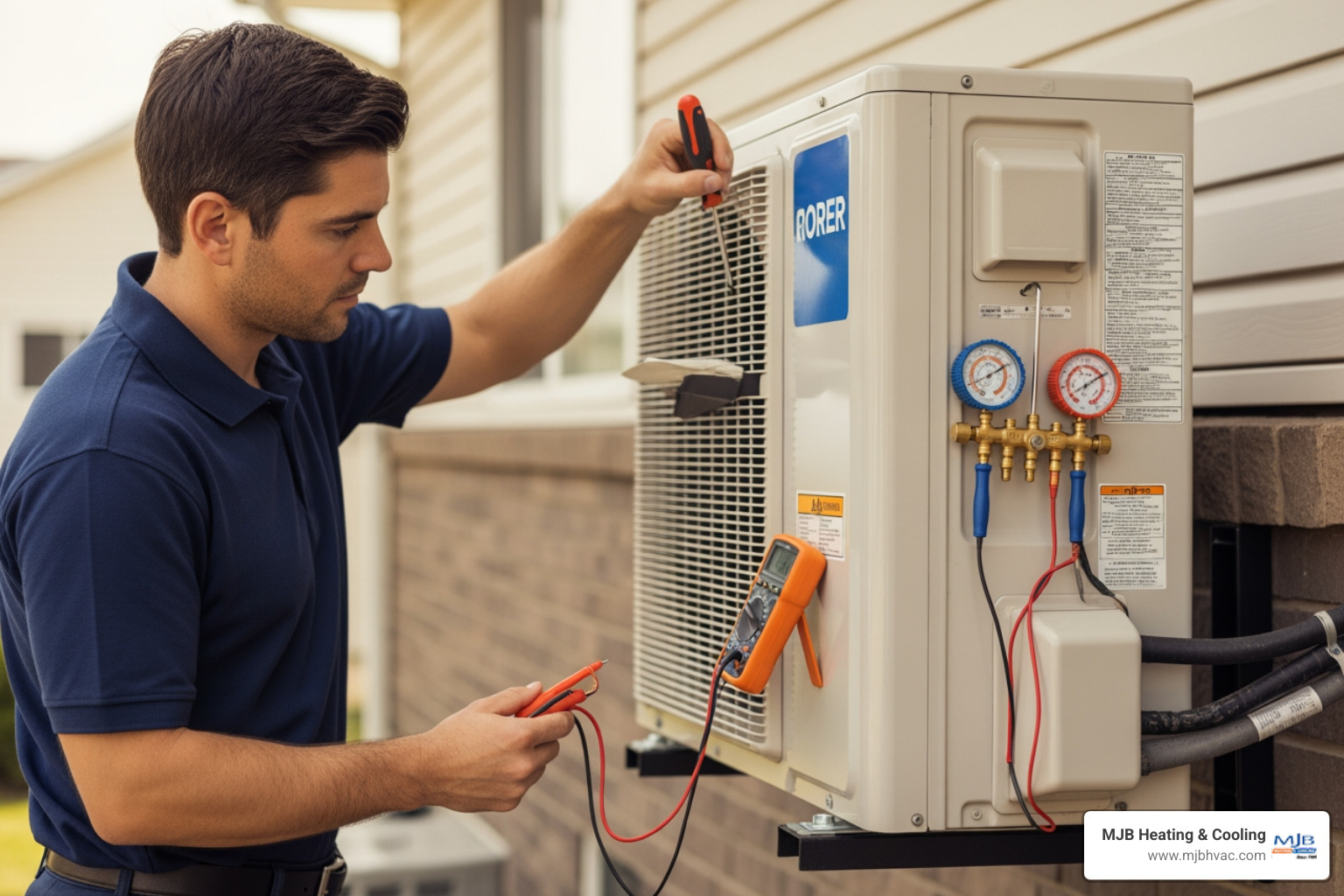 Professional HVAC technician inspecting an outdoor condenser unit for a mini split system - mini split service best in Professional HVAC technician inspecting an outdoor condenser unit for a mini split system - mini split service best in