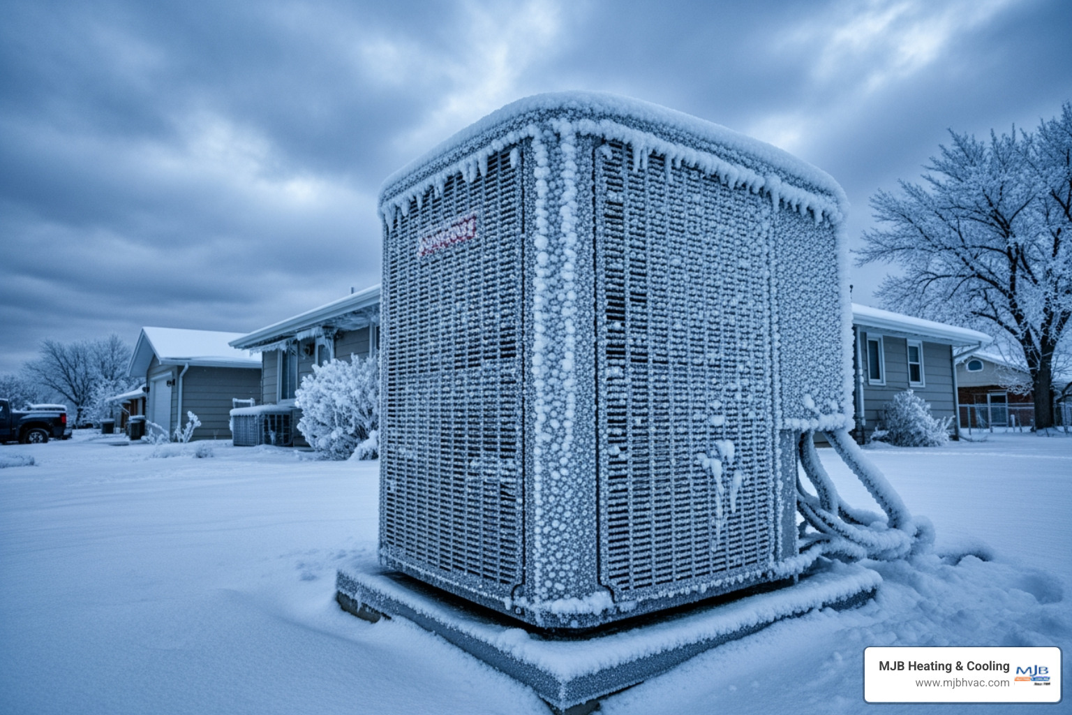 frost-covered heat pump outside a Kansas home in winter cold weather - "My heat pump isn't working and it's getting cold.