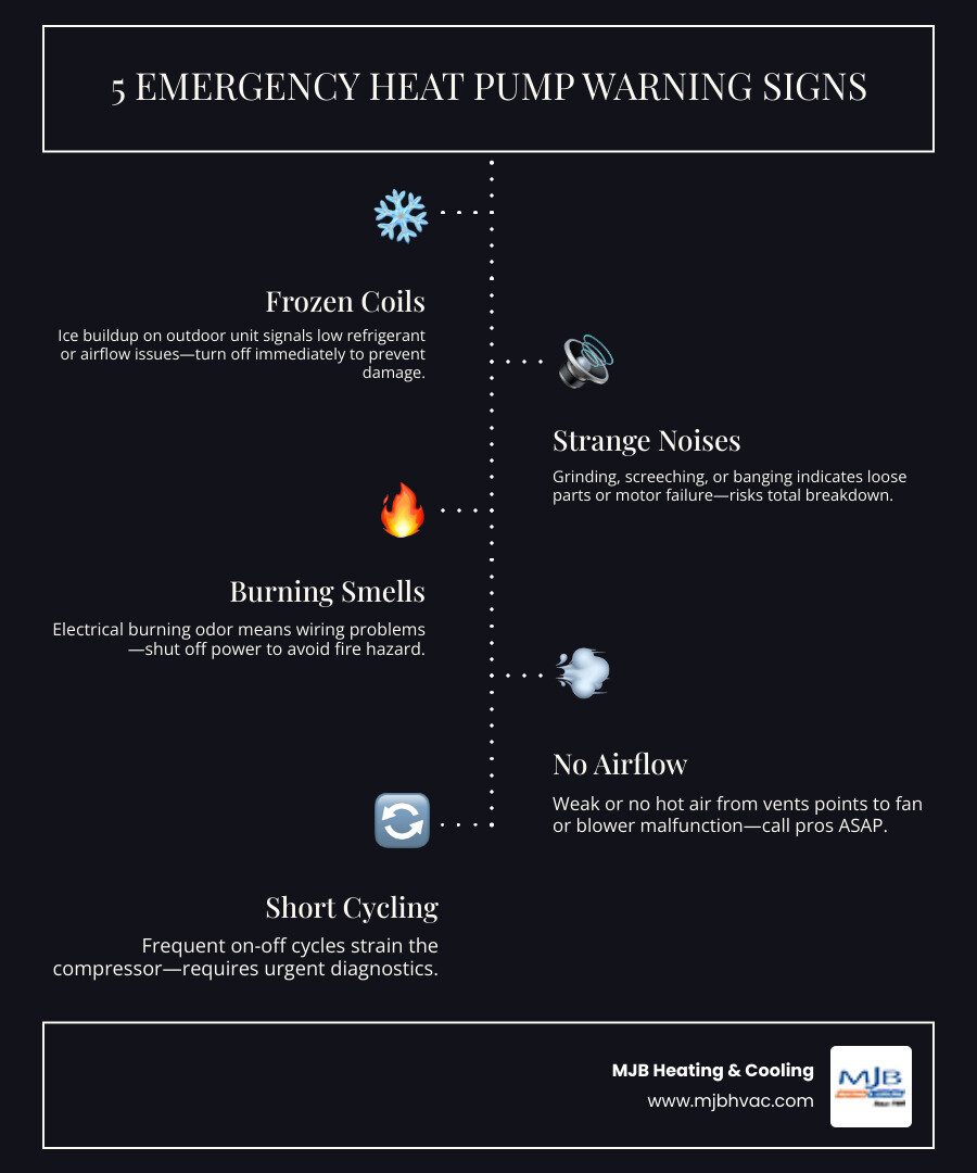 Infographic showing 5 emergency heat pump warning signs and immediate steps for Rose Hill KS homeowners - heat pump repair