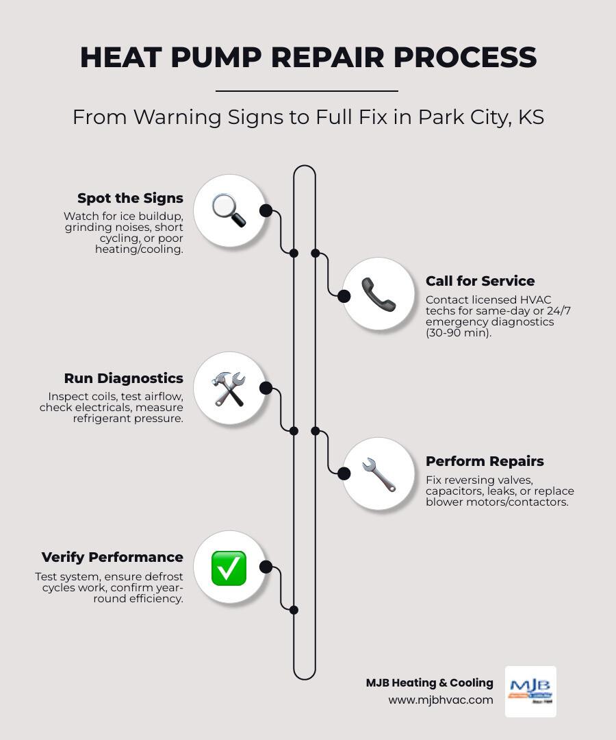 Infographic showing heat pump repair warning signs, diagnostic timeline, and when to call for emergency service in Park City