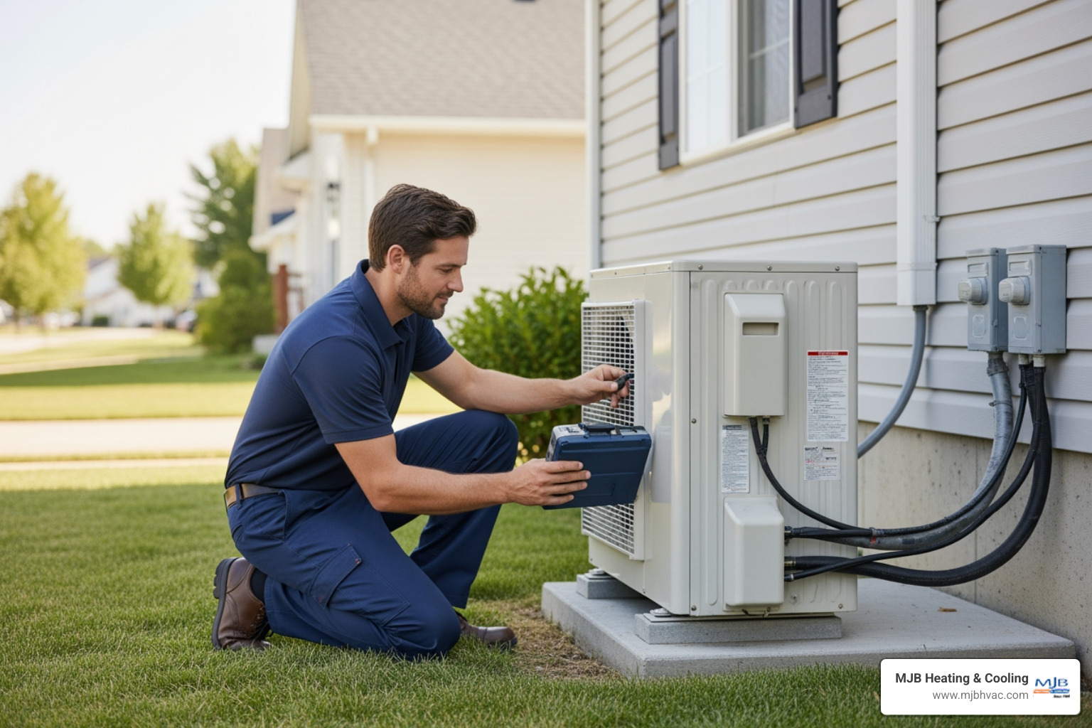 professional technician inspecting outdoor heat pump unit residential home - heat pump repair in towanda, ks