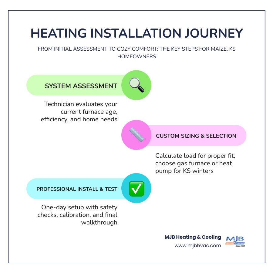 Infographic showing the heating installation journey for Maize KS homeowners from system assessment to final walkthrough