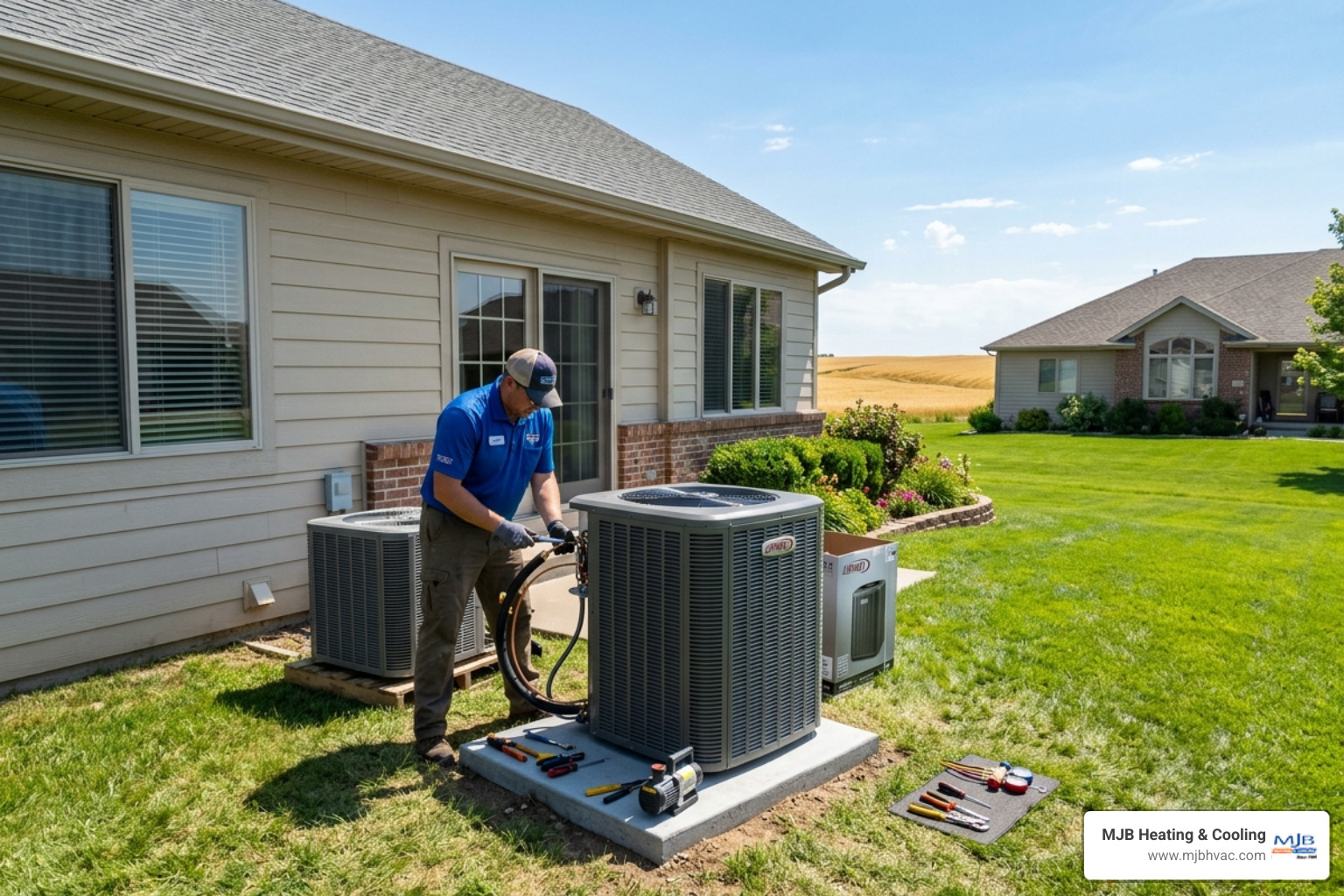 AC installation outside a Kansas home in summer heat - ac installation in belle plaine, ks AC installation outside a Kansas home in summer heat - ac installation in belle plaine, ks