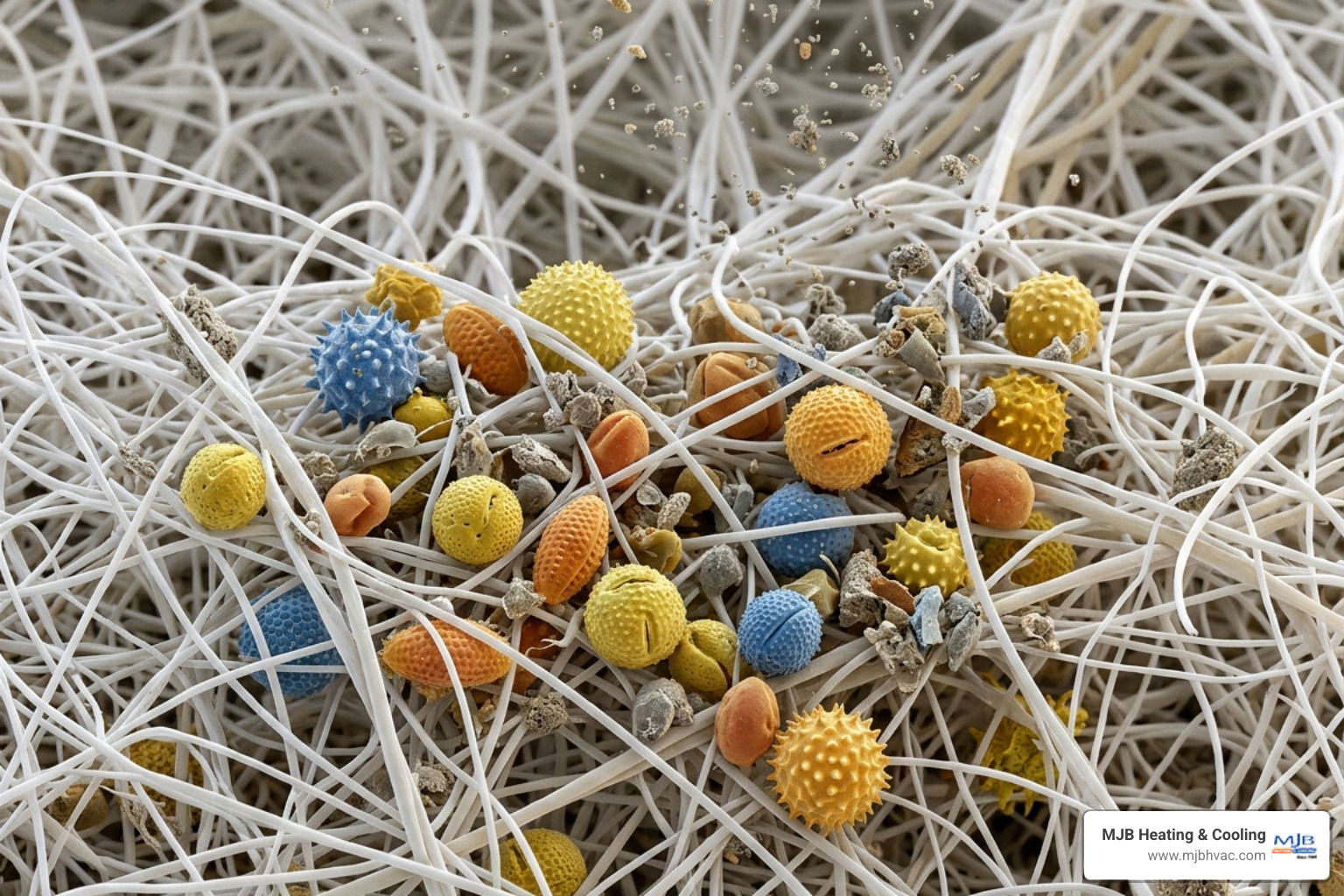 Microscopic view of pollen and dust particles being trapped by a high-efficiency air filter - is a whole house air purifier