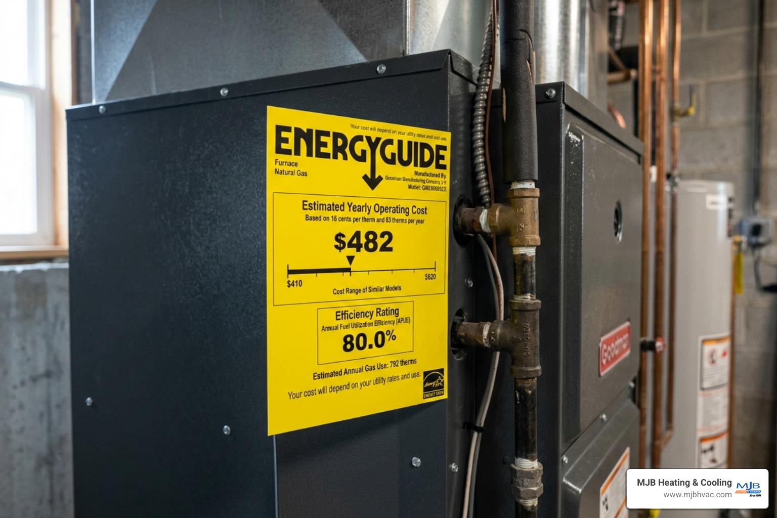 EnergyGuide label on a new furnace explaining efficiency ratings - efficiency ratings explained for homeowners EnergyGuide label on a new furnace explaining efficiency ratings - efficiency ratings explained for homeowners