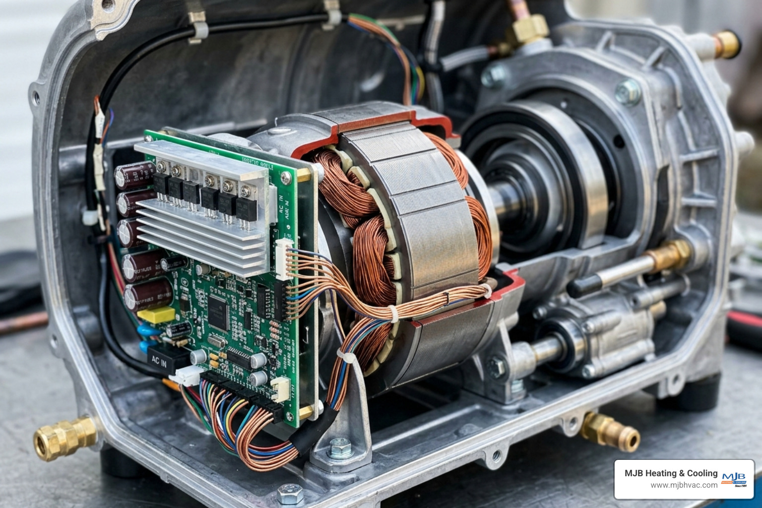 The internal components of a Daikin inverter compressor showing the variable-speed motor mechanism - what makes daikin hvac The internal components of a Daikin inverter compressor showing the variable-speed motor mechanism - what makes daikin hvac