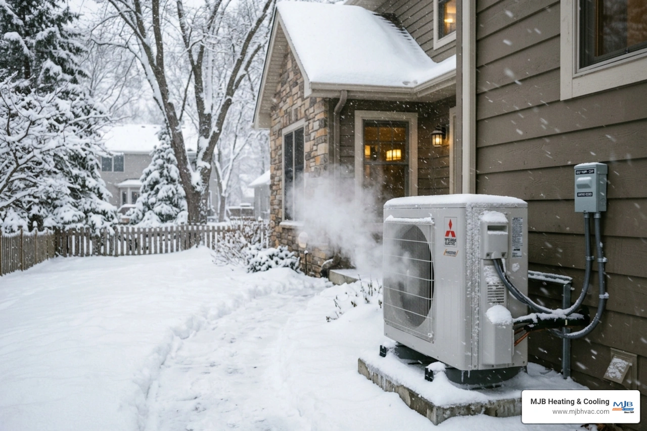 A cold-climate heat pump operating during a winter snowstorm in a residential yard - heat pump efficiency in hot summers and A cold-climate heat pump operating during a winter snowstorm in a residential yard - heat pump efficiency in hot summers and