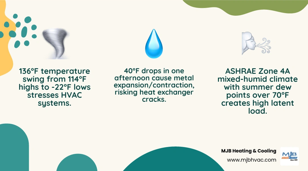 Infographic showing Kansas ASHRAE Climate Zone 4A map, dual-fuel system benefits, temperature design ranges, and recommended