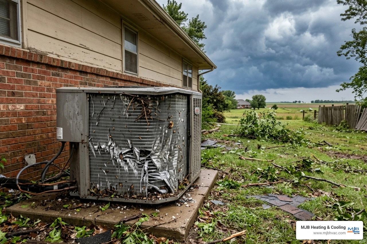 A storm-damaged outdoor AC unit with bent fins and debris from a Kansas thunderstorm - best hvac setup for kansas weather