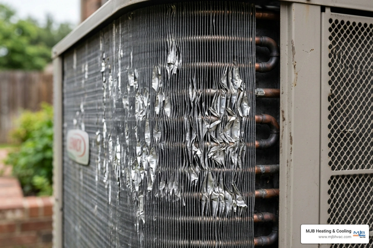 close up of hail dented condenser fins on an outdoor AC unit - how tornadoes and hail damage hvac equipment close up of hail dented condenser fins on an outdoor AC unit - how tornadoes and hail damage hvac equipment