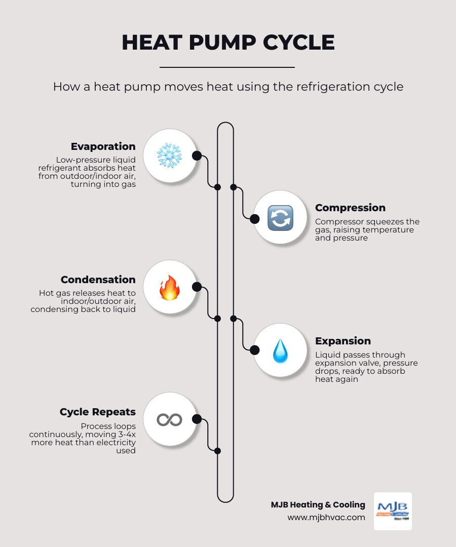 infographic showing the basic heat pump refrigerant cycle with four stages: evaporation, compression, condensation, and