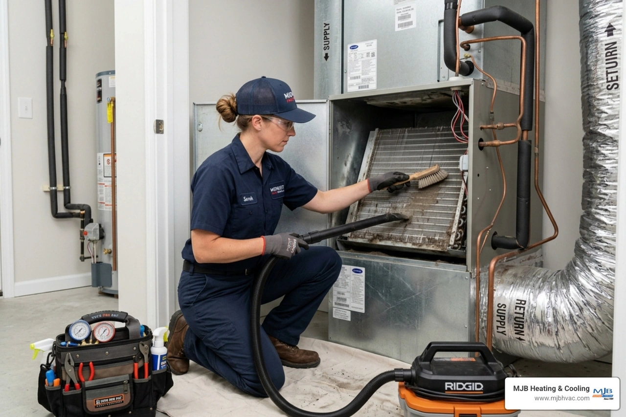 Professional technician cleaning dust and debris from an indoor evaporator coil to improve airflow - annual hvac maintenance Professional technician cleaning dust and debris from an indoor evaporator coil to improve airflow - annual hvac maintenance