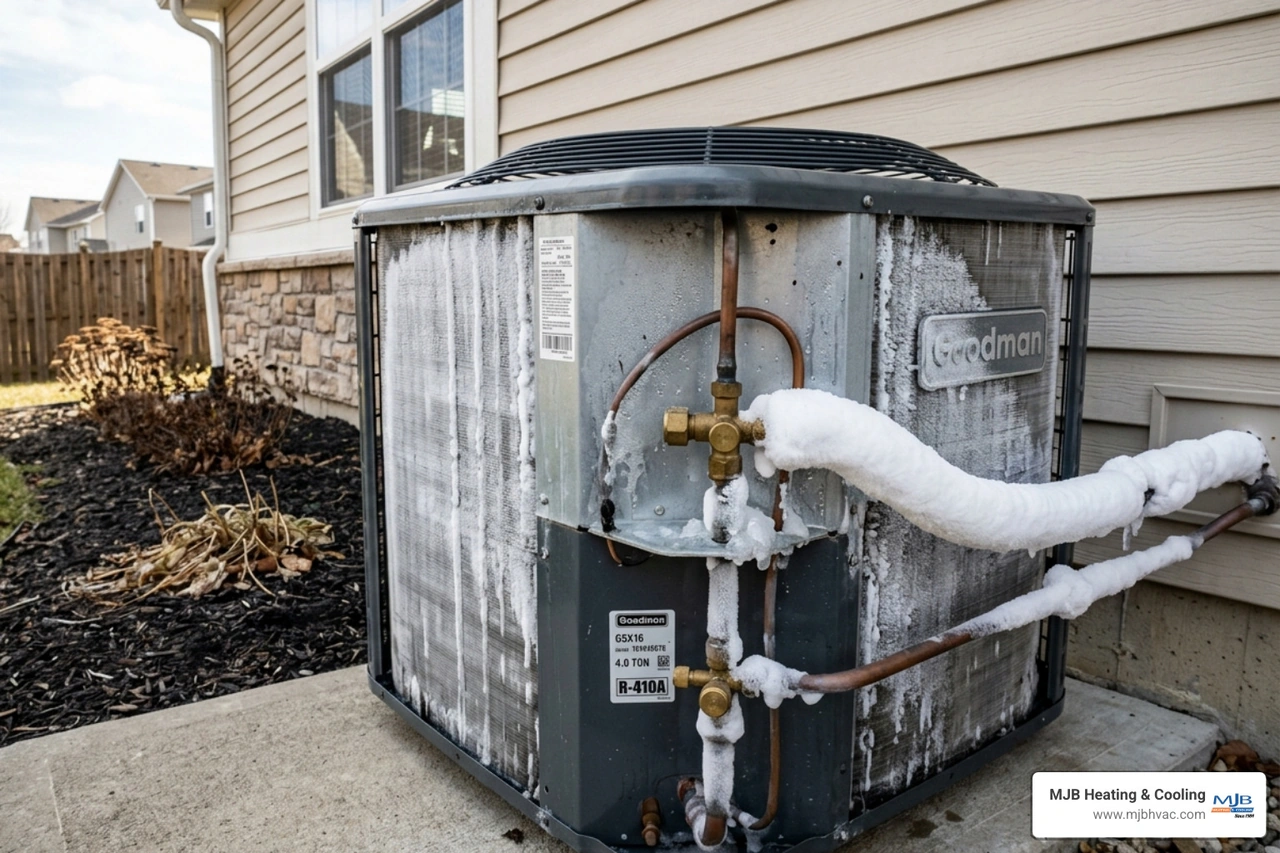 Oversized AC unit showing frost on the refrigerant lines due to low airflow and short cycling - how hvac load calculations