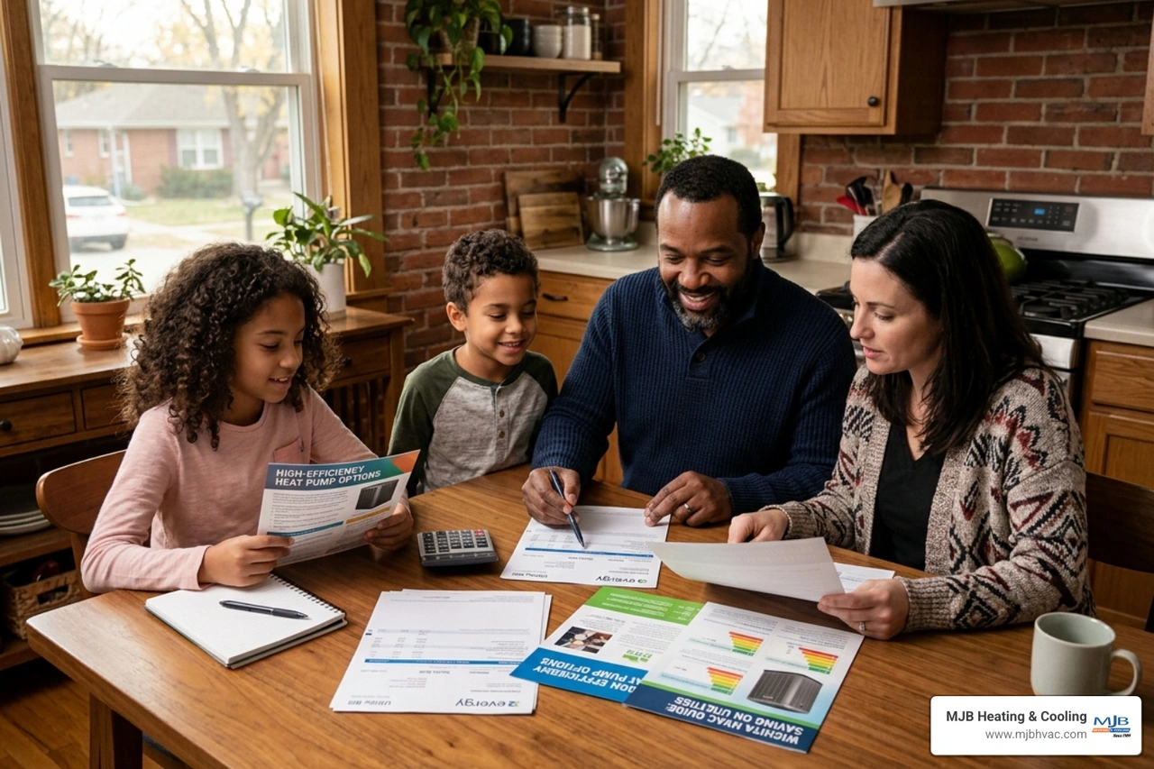 family in Wichita reviewing energy bills and looking at high-efficiency HVAC options - inflation reduction act benefits for