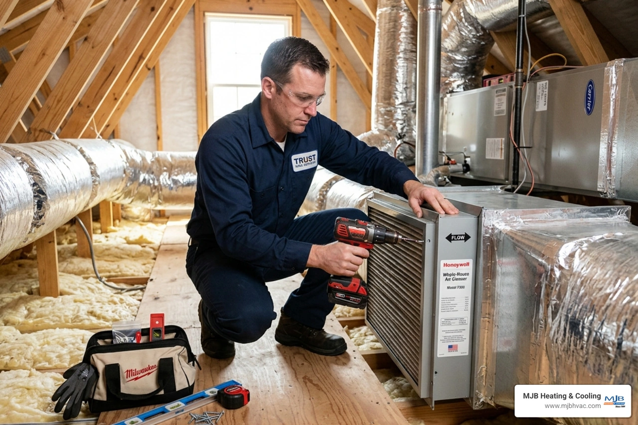 A professional technician installing a whole-house air purifier into a residential duct system - how your hvac system