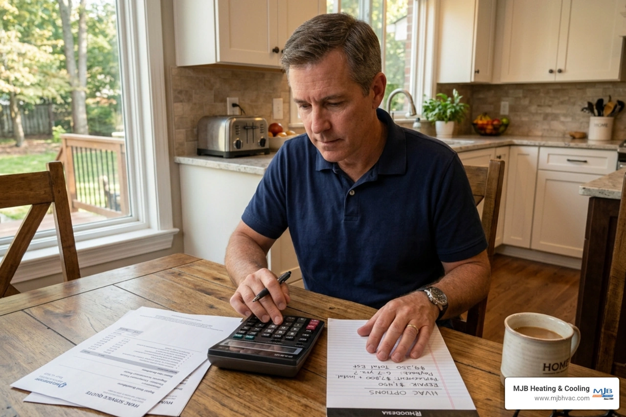 Homeowner using a calculator to determine HVAC repair vs replace ROI - cost of repairing old hvac vs buying new system