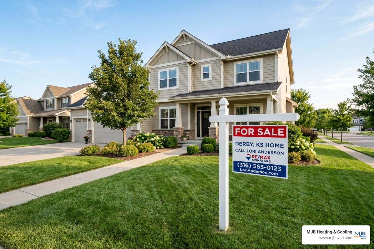 For Sale sign in a suburban Derby neighborhood with a well-maintained home in the background For Sale sign in a suburban Derby neighborhood with a well-maintained home in the background