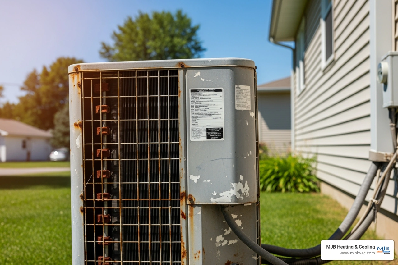 Older outdoor air conditioner unit beside a home in summer