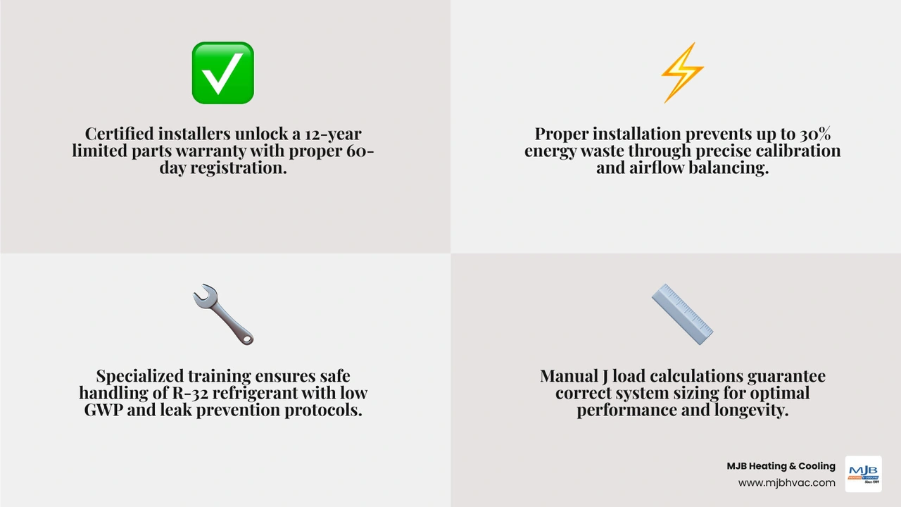Infographic showing certified vs uncertified Daikin installation: warranty length, energy efficiency, refrigerant safety Infographic showing certified vs uncertified Daikin installation: warranty length, energy efficiency, refrigerant safety