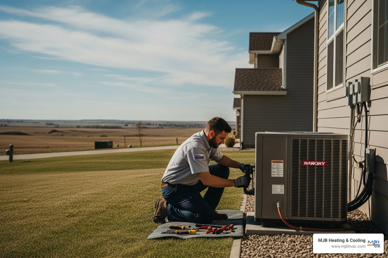 technician inspecting an outdoor heat pump unit beside a Kansas home technician inspecting an outdoor heat pump unit beside a Kansas home