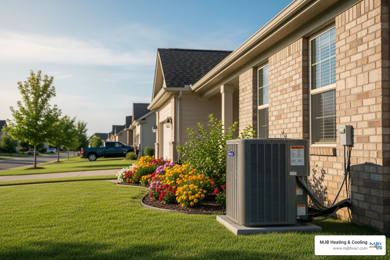 Clean high-efficiency outdoor AC unit beside a well-kept Kansas home