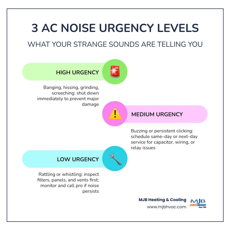 AC noise types infographic showing decibel ranges from 19dB to 55dB, normal sounds, warning sounds, and emergency shutdown AC noise types infographic showing decibel ranges from 19dB to 55dB, normal sounds, warning sounds, and emergency shutdown