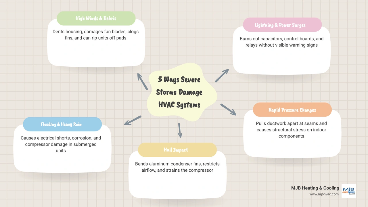 Infographic showing 5 ways severe storms and tornadoes damage HVAC systems including wind debris flooding hail lightning and Infographic showing 5 ways severe storms and tornadoes damage HVAC systems including wind debris flooding hail lightning and