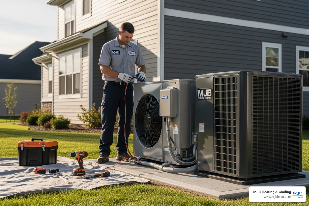Professional HVAC technician installing a modern Daikin outdoor heat pump system on a clean concrete pad