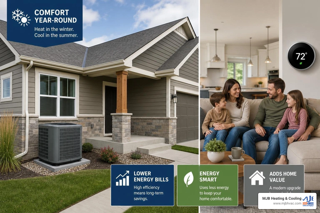 Infographic showing heat pump benefits for Kansas homeowners including efficiency, savings, comfort, and home value Infographic showing heat pump benefits for Kansas homeowners including efficiency, savings, comfort, and home value