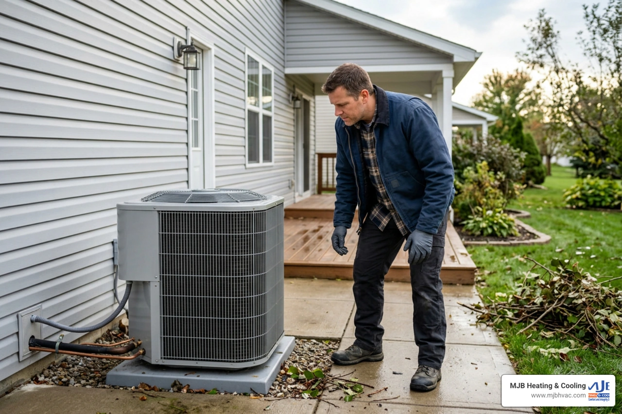 Homeowner wearing protective gloves safely inspecting a cleared outdoor area after a severe storm Homeowner wearing protective gloves safely inspecting a cleared outdoor area after a severe storm