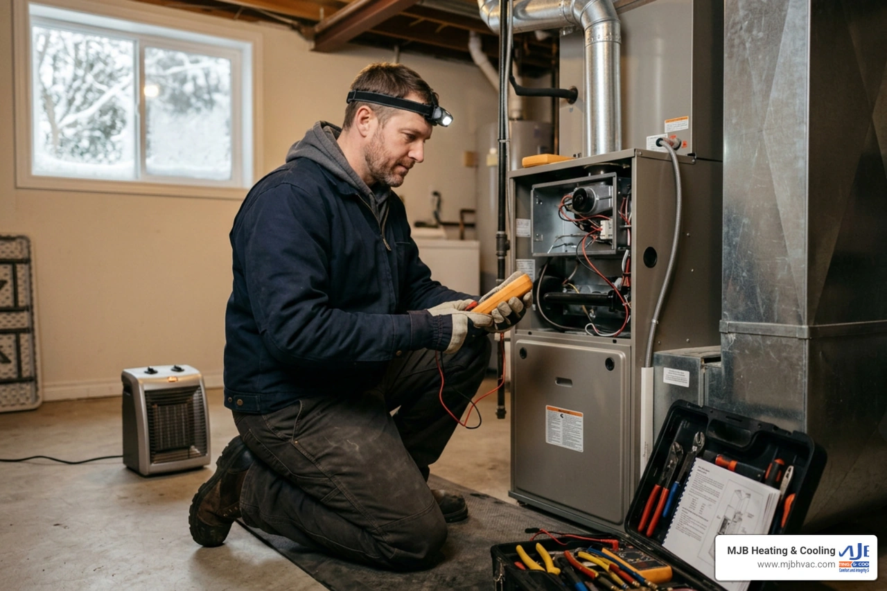 technician servicing a furnace in winter