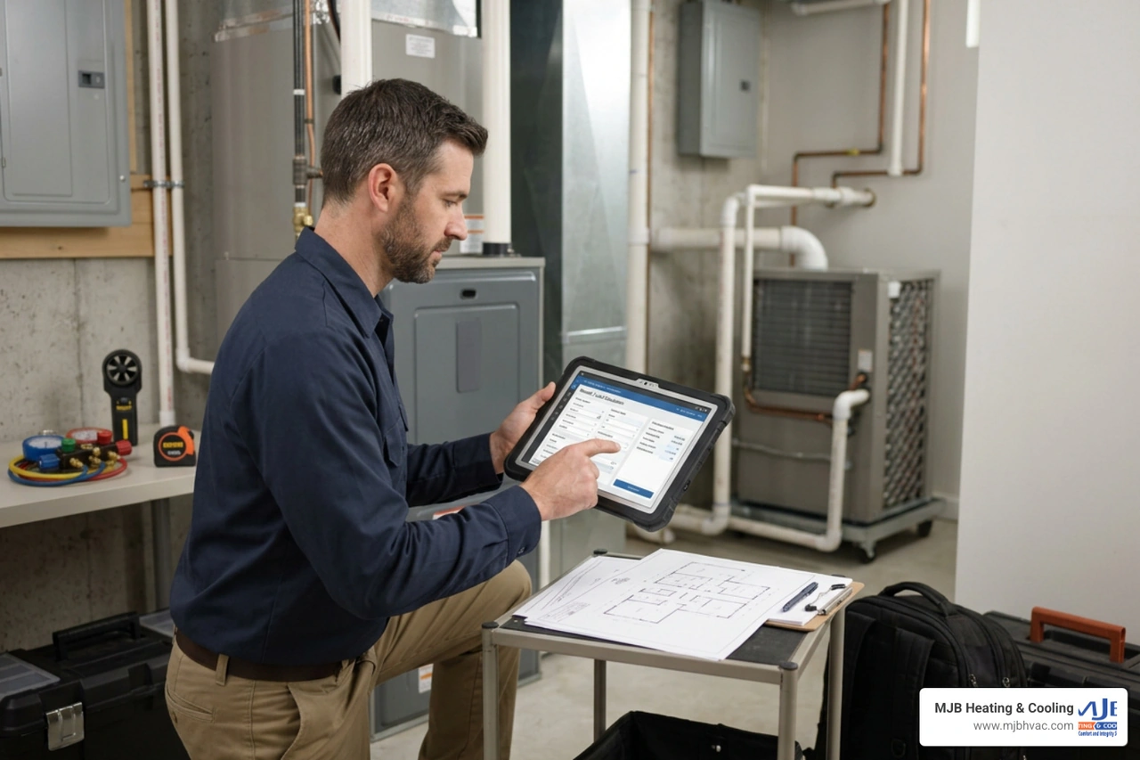 HVAC technician performing a Manual J load calculation on a tablet HVAC technician performing a Manual J load calculation on a tablet