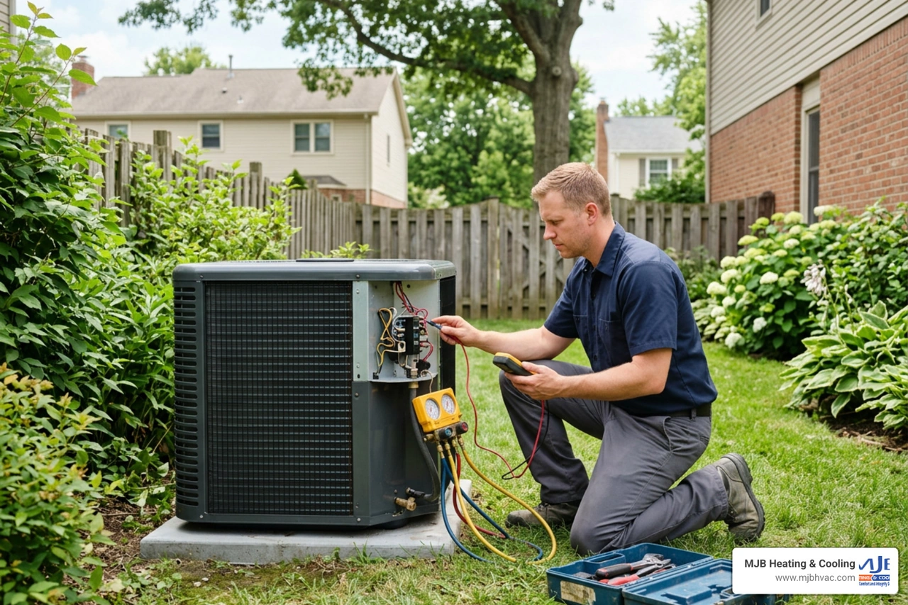 Technician inspecting a Daikin heat pump outdoor unit Technician inspecting a Daikin heat pump outdoor unit