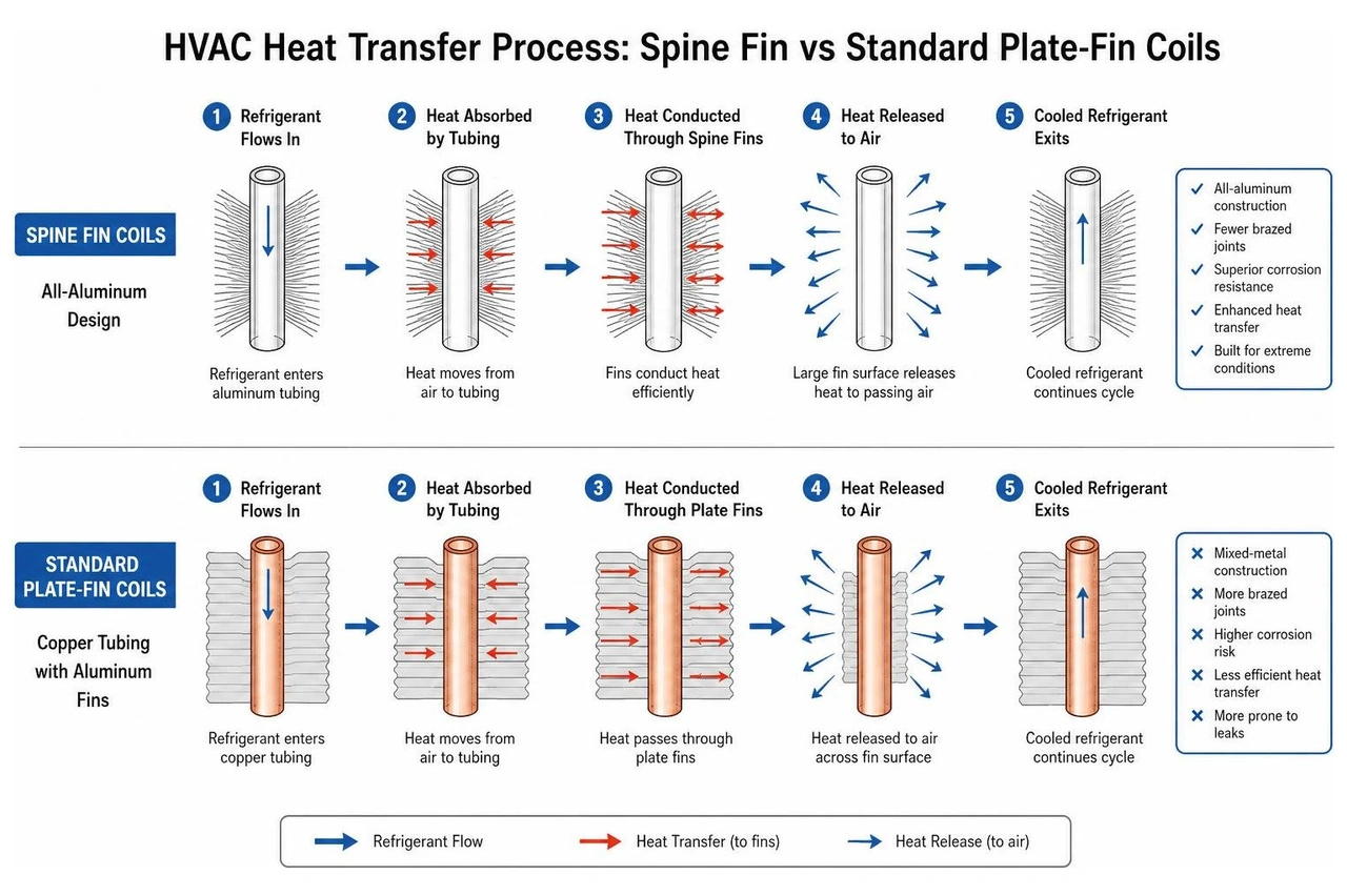 Diagram of HVAC heat transfer process comparing Spine Fin and standard plate-fin coils Diagram of HVAC heat transfer process comparing Spine Fin and standard plate-fin coils