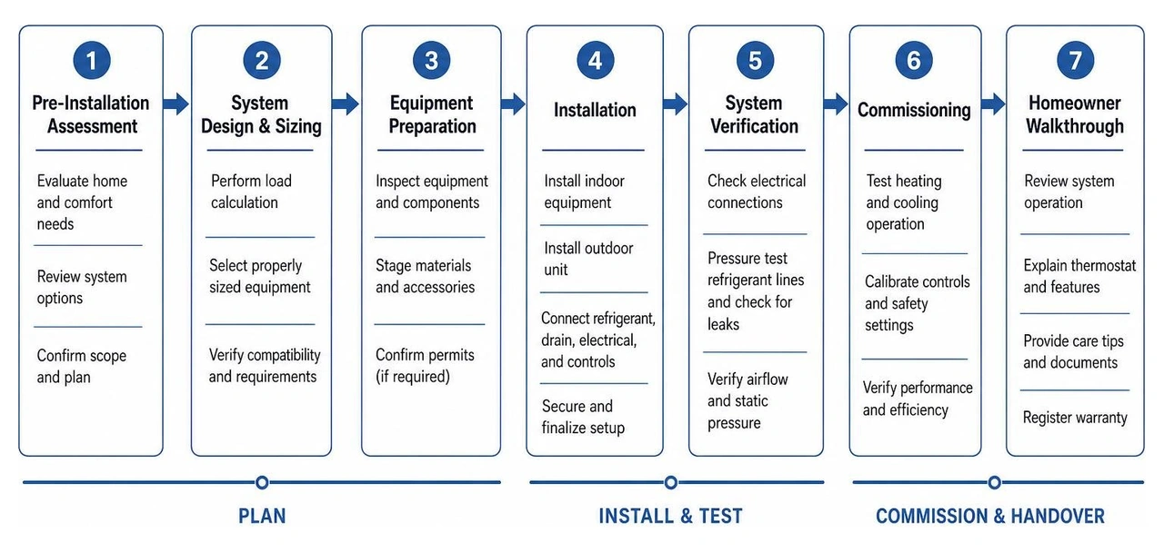 Diagram of the step-by-step HVAC installation and commissioning process Diagram of the step-by-step HVAC installation and commissioning process