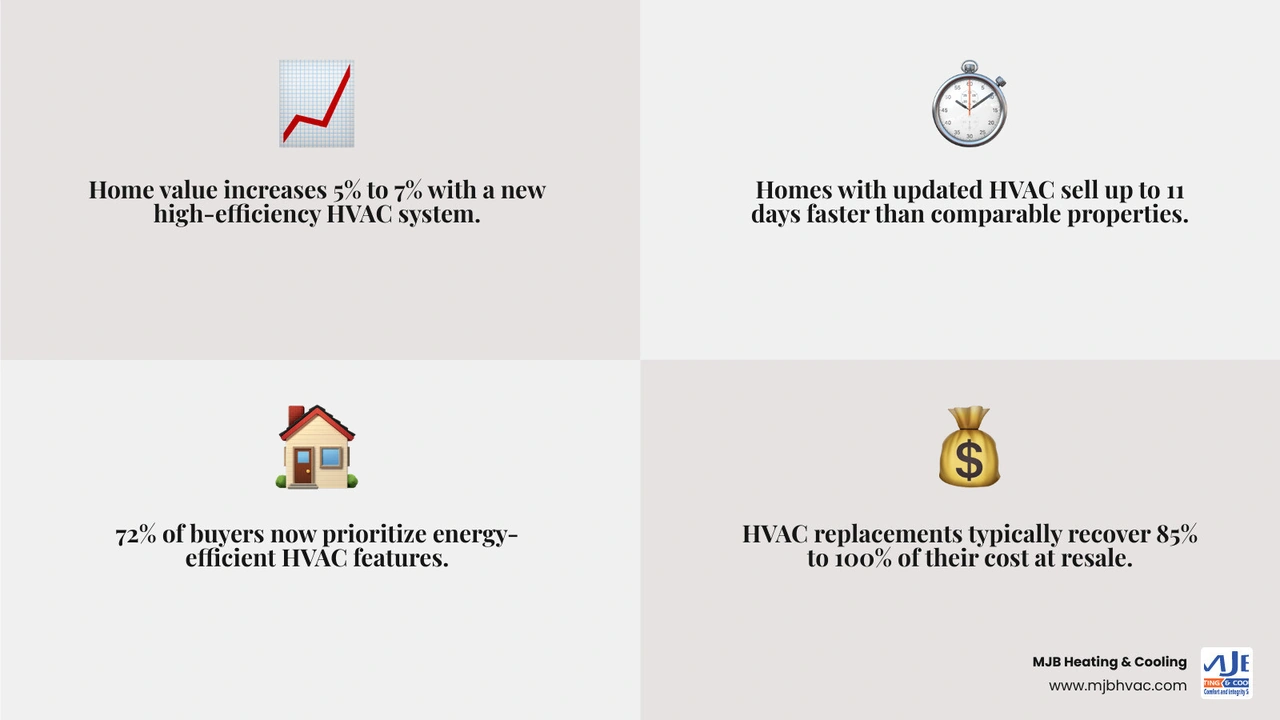 Infographic showing energy efficient HVAC and home value connection: 5-7% value boost, 11 days faster sale, 72% buyer Infographic showing energy efficient HVAC and home value connection: 5-7% value boost, 11 days faster sale, 72% buyer