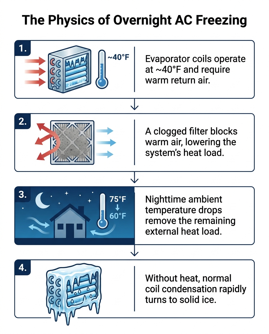 The Physics of Overnight AC Freezing