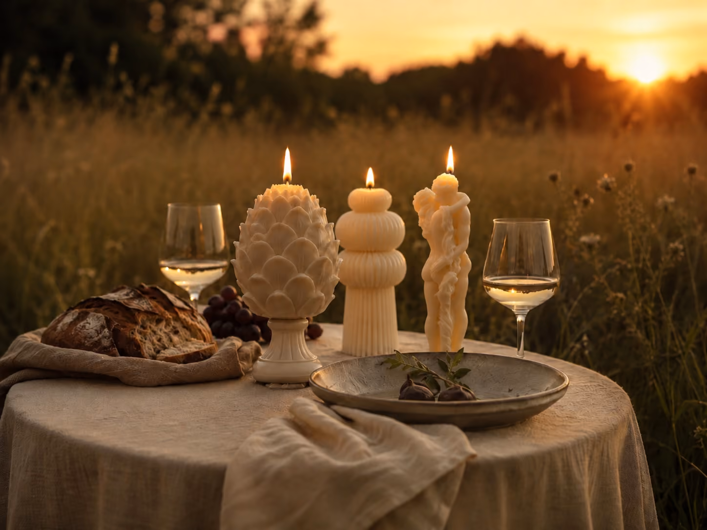 Vilma Candles sojas vaska sveces uz klāta galda saulrietā