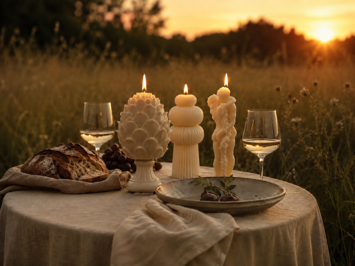 A candlelit dinner table set with Vilma Candles