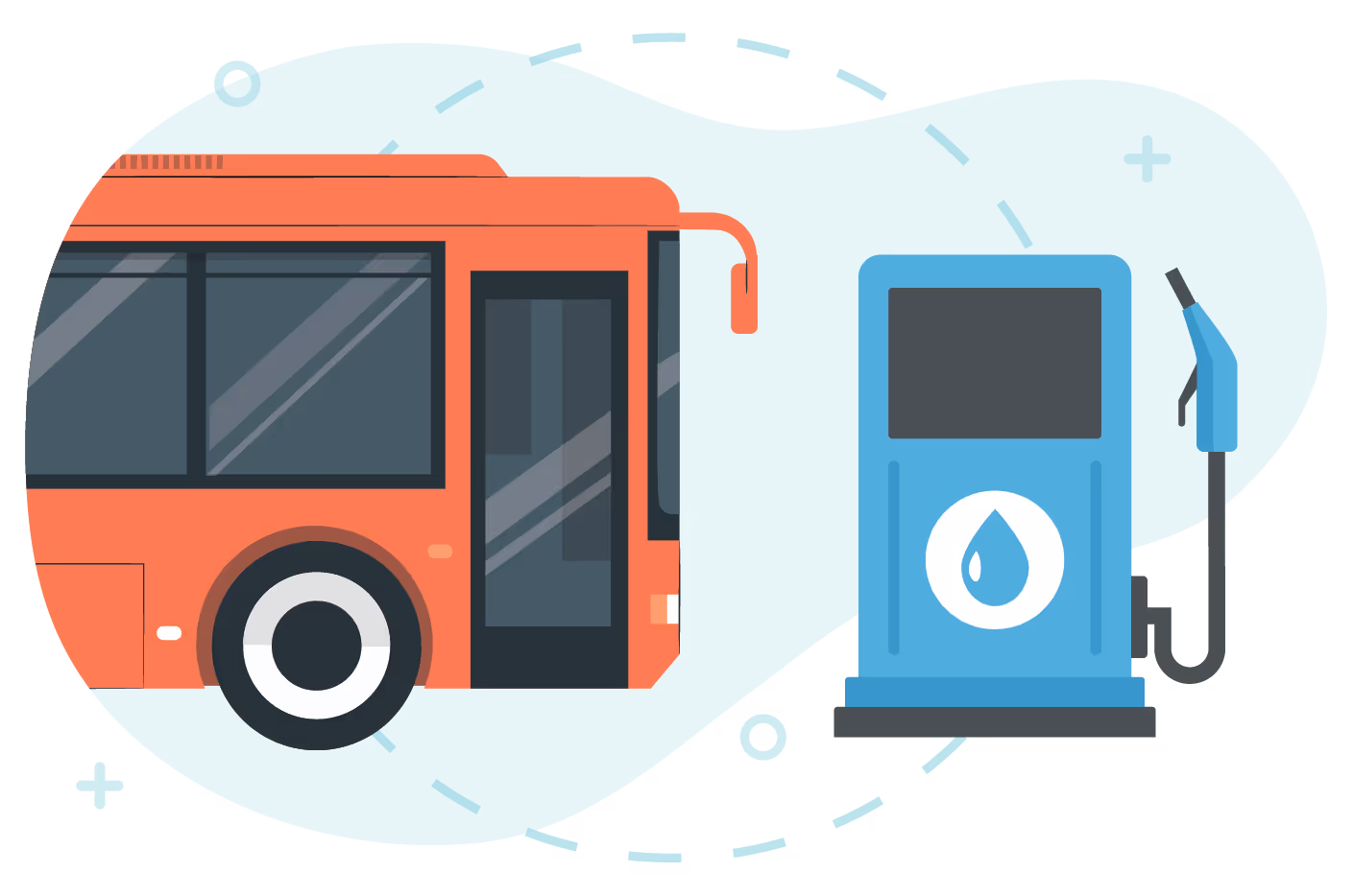 illustration red bus with circle connecting to hydrogen fueling pump