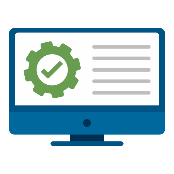 icon computer with green gear and checkmark 