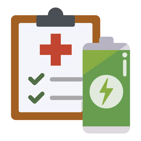 icon clipboard with red cross and full green battery 