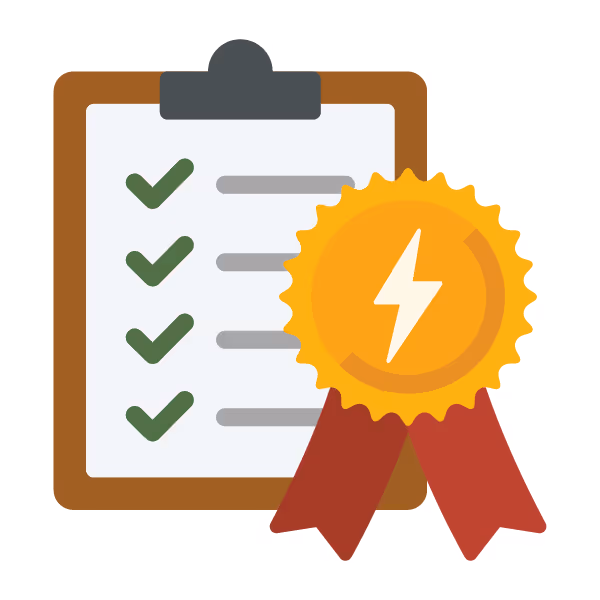 icon clipboard with green checkmarks and gold award ribbon with electric bolt in center 