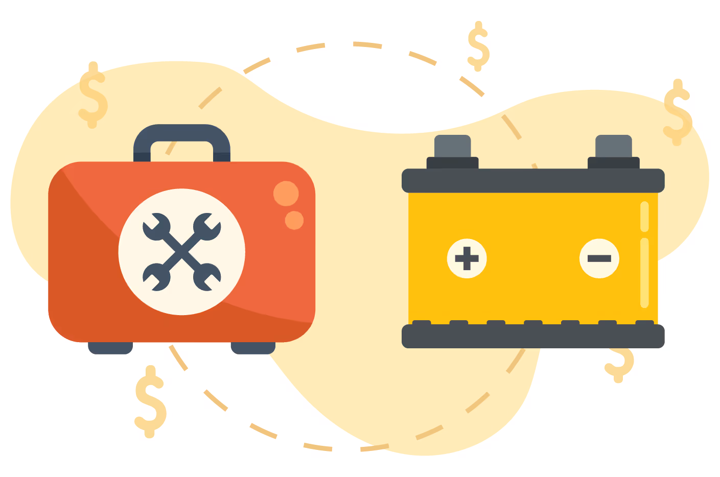 red tool box and yellow vehicle battery with money symbols around them 